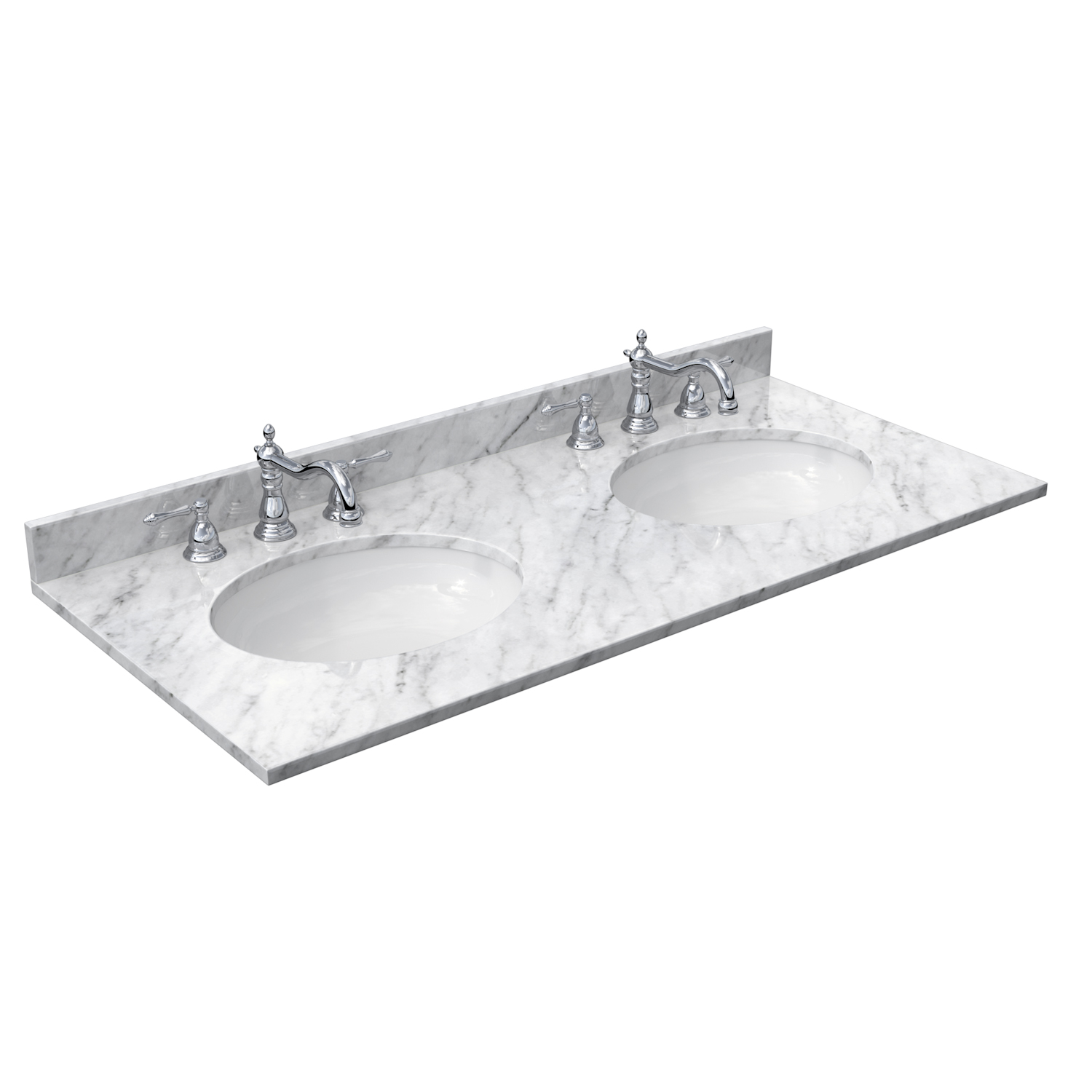 48" Double Countertop - White Carrara Marble with Undermount Oval Sinks (3-Hole) WCVVCA148DTOPUNOCW